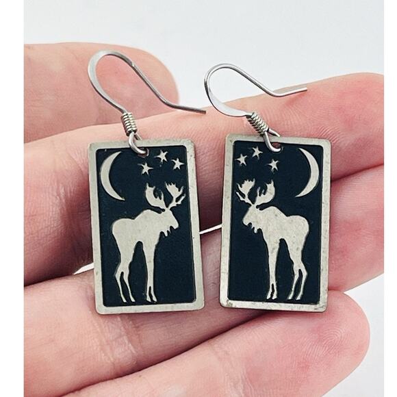 Nature Cast Moose Pierced Earrings Silver tone Dangle Black Moon Stars Celestial - Picture 1 of 11